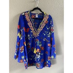 Violet Sky Kaftan Swim Cover Up Beaded Tassel Blue Floral butterfly Bell Sleeve